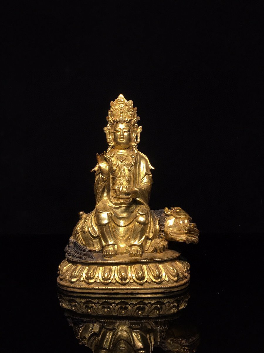 ◆古寳堂◆清 銅製 塗金 文殊菩薩像 仏教古美術 供養品 極細工 古置物 古擺件 中国古美術 時代物 古董品