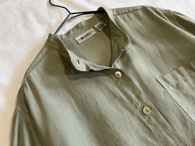 90's units stand collar design linen L/S shirt リネンシャツ flax ビンテージシャツ　スタンドカラー