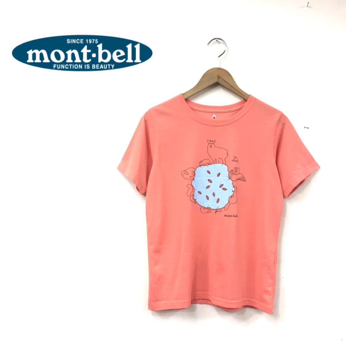 1447-U-N◆mont-bell モンベル Tシャツ 半袖 アニマルプリント アウトドア 登山 キャンプ カジュアル 動物◆sizeM ピンク ポリエステル_画像1