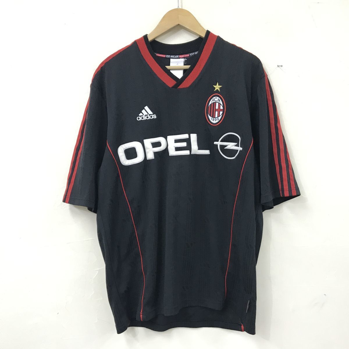 S2319-D◆old◆イタリア製◆ adidas AC Milan アディダス ACミラン 半袖Tシャツ ゲームシャツ サッカー OPEL ◆sizeM ブラック レッド ポリ_画像2