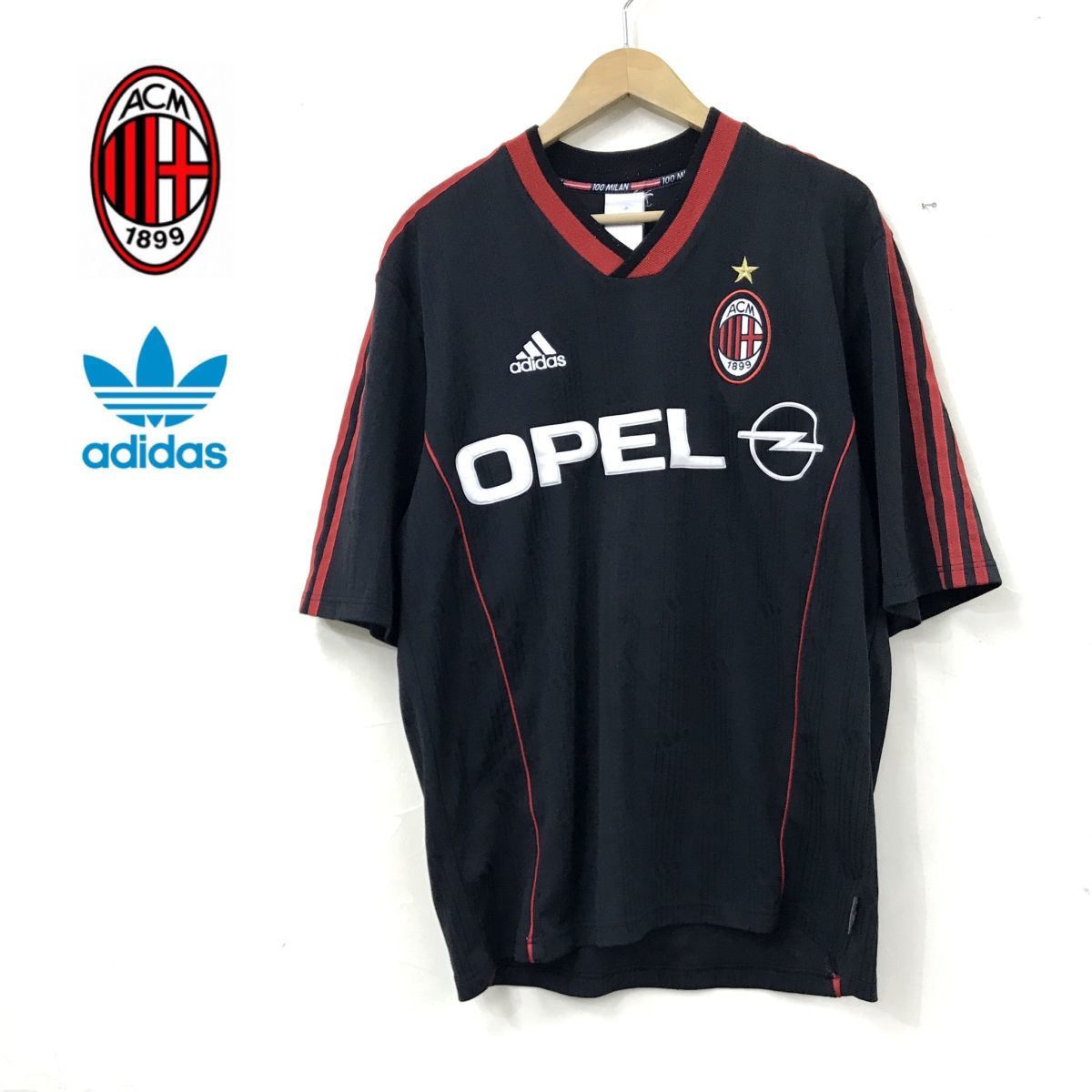 S2319-D◆old◆イタリア製◆ adidas AC Milan アディダス ACミラン 半袖Tシャツ ゲームシャツ サッカー OPEL ◆sizeM ブラック レッド ポリ_画像1