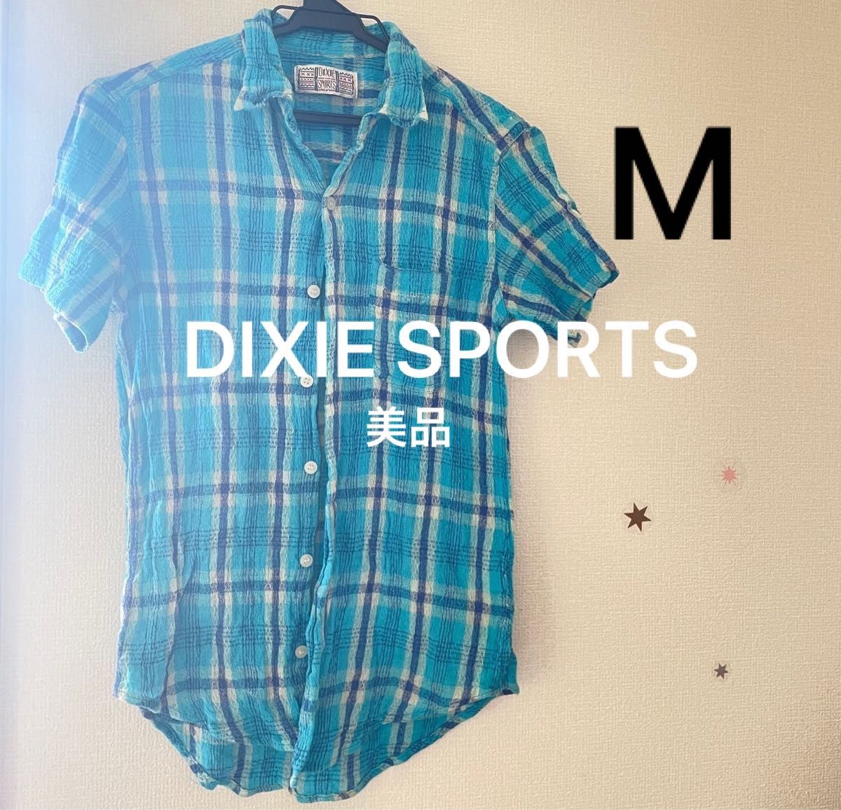 美品 DIXIE SPORTS パイル地 シャツ M 綿100% チェック柄 ブルー 青 水色 インド 半袖 スポーツ