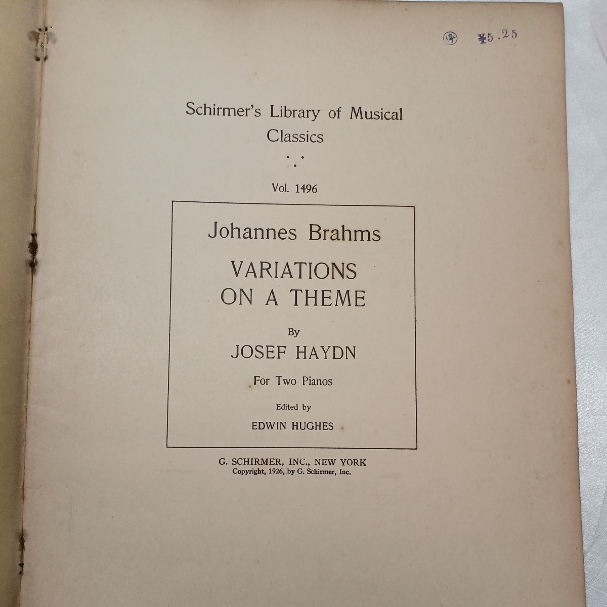 zaa-471♪BRAHMS (Schirmer's Library ) (英語) 1921年 VARIATIONS ON A THEME BY HAYDN(作曲) FOR TWO PIANOS
