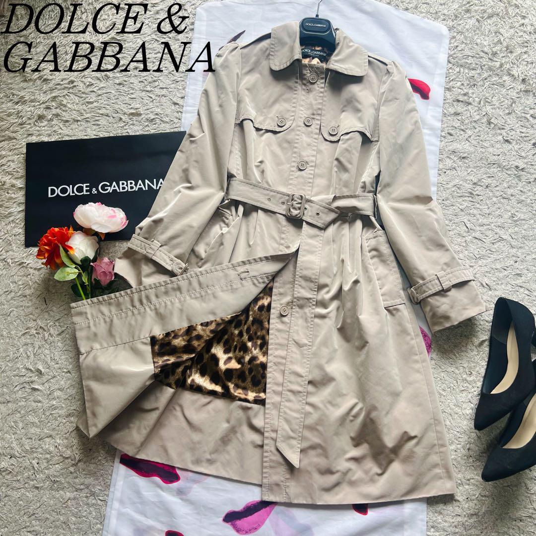 【美品】DOLCE&GABBANA ロングトレンチコート レオパード 36 ドルチェアンドガッバーナ S ベージュ ヒョウ柄 ライトアウター