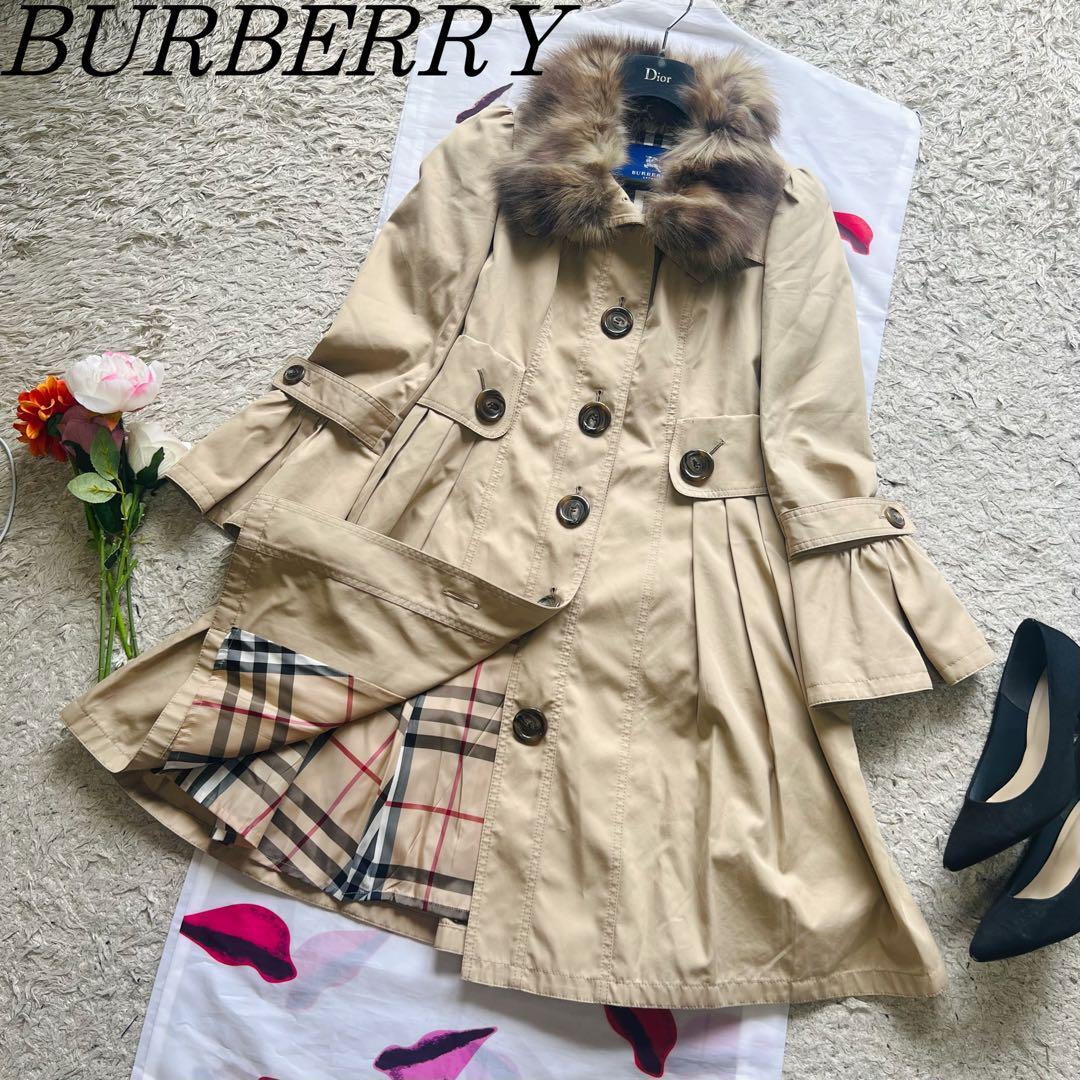 【美品】BURBERRY BLUE LABEL ファー付きトレンチコート 36 バーバリーブルーレーベル S ロング丈 フォックスファー ノバチェック