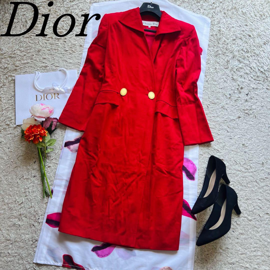 【良品】Christian Dior ロングジャケット レッド 9 M 赤 クリスチャンディオール ダブルボタン ライトアウター スプリングコート