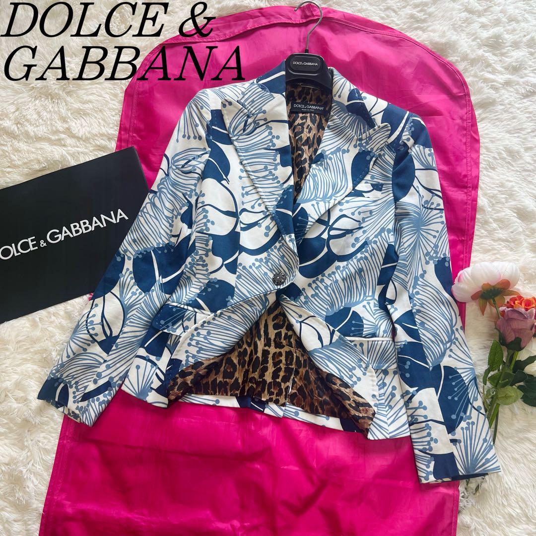 【良品】DOLCE&GABBANA 総柄ジャケット ブルー レオパード 40 ドルチェ&ガッバーナ L 青 ホワイト 白 ビジューボタン ドルガバ D＆G_画像1