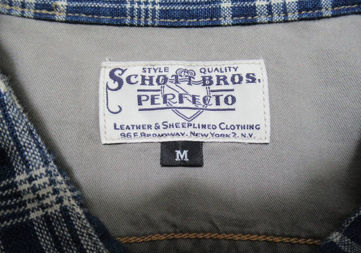 SCHOTT BROS. PERFECTO/ショット●シャツ ワークシャツ 半袖 麻混 リネン混 チェック インディゴブルー 上野商会_画像6