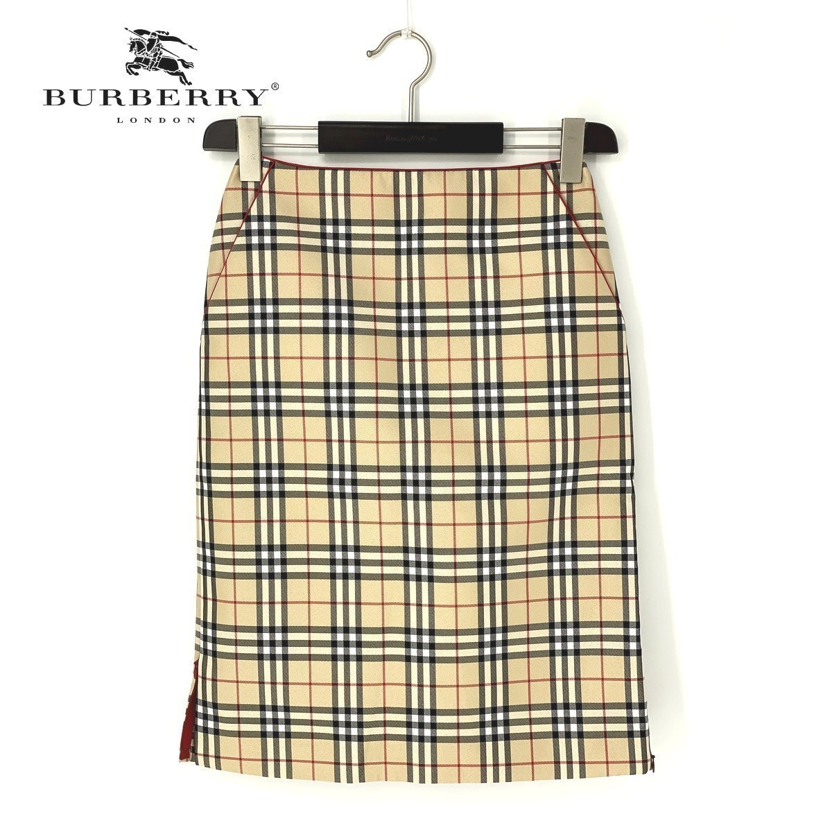 A7407/極美品 春夏 BURBERRY LONDON バーバリーロンドン コットン ノバチェック ペンシル 膝丈 スカート 38 XS程 ベージュ/レディース