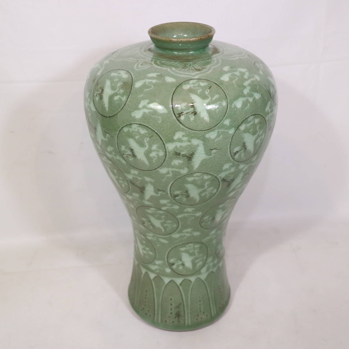 高麗青磁鶴絵石峰陶器花瓶韓国? インテリア花器華道壺工芸品ビンテージ