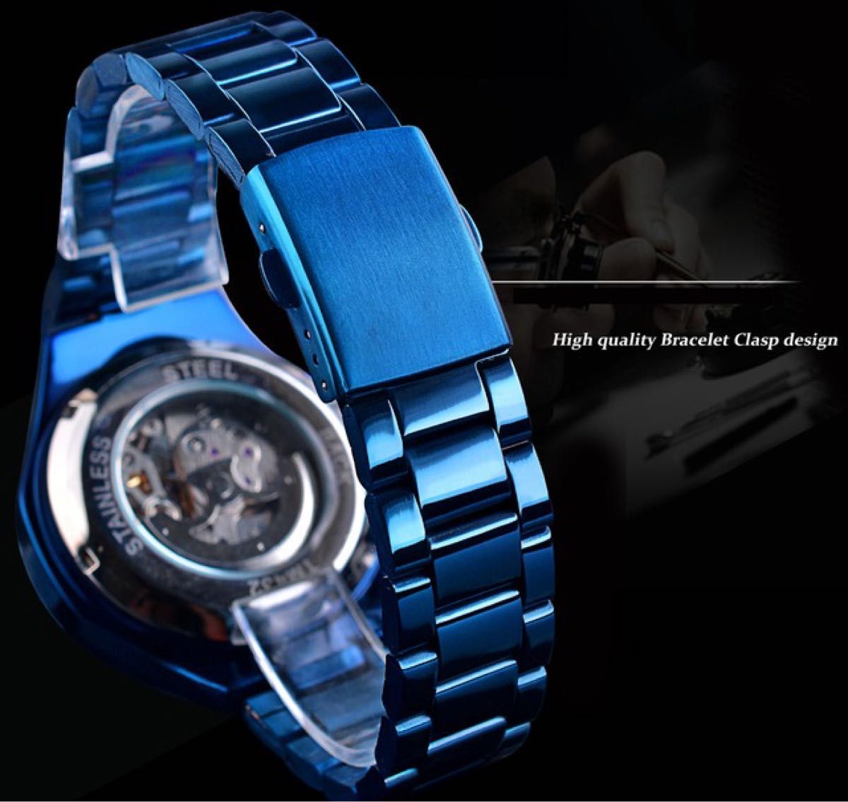 新品 送料無料 3D フルスケルトン 自動巻き 機械式 スポーツ 腕時計 ブルー 青