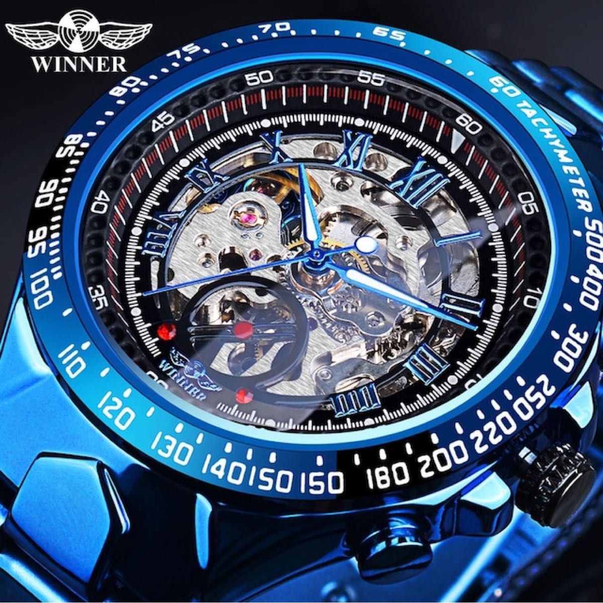 新品 送料無料 3D フルスケルトン 自動巻き 機械式 スポーツ 腕時計 ブルー 青