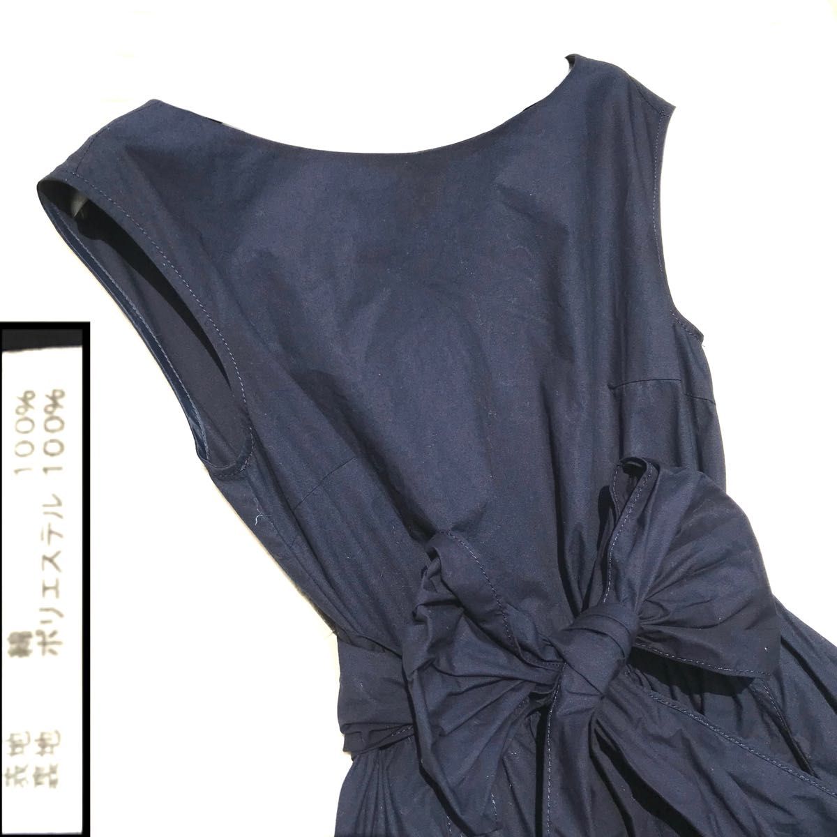 ふんわり フレア リボンベルト ワンピース ネイビー 綿 コットン 可愛い 紺 フレアワンピース コットン100服