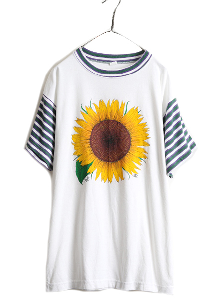 人気のファッションブランド! XL レディース メンズ Tシャツ プリント イラスト アート ひまわり ★ USA製 80s 80年代 グラフィック 大判 フラワー 花 当時物 ビンテージ イラスト、キャラクター 人気のファッションブランド! XL レディース メンズ Tシャツ プリント イラスト アート ひまわり ★ USA製 80s 80年代 グラフィック 大判 フラワー 花 当時物 ビンテージ イラスト、キャラクター