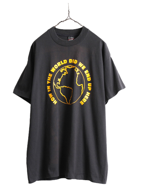 90s USA製 ■ 地球 アート イラスト 両面 プリント Tシャツ メンズ XL / 古着 90年代 オールド カレッジ メッセージ シングルステッチ 黒