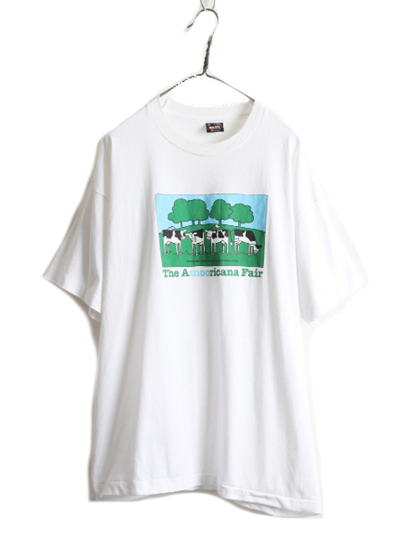 90s USA製 大きいサイズ XXL ■ ウシ アート イラスト プリント Tシャツ メンズ 2XL / 古着 90年代 アニマル ジョーク 白 シングルステッチ
