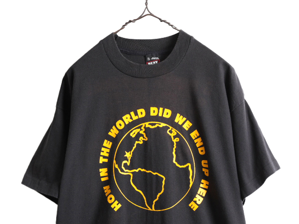 90s USA製 ■ 地球 アート イラスト 両面 プリント Tシャツ メンズ XL / 古着 90年代 オールド カレッジ メッセージ シングルステッチ 黒_画像2