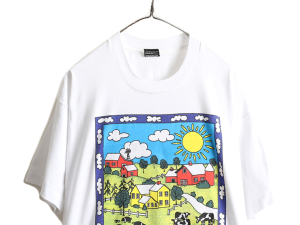 デッドストック 90s USA製 ■ ウシ ブタ アート イラスト プリント Tシャツ ( メンズ XL ) 新品 90年代 アニマル 動物 シングルステッチ 白_画像2