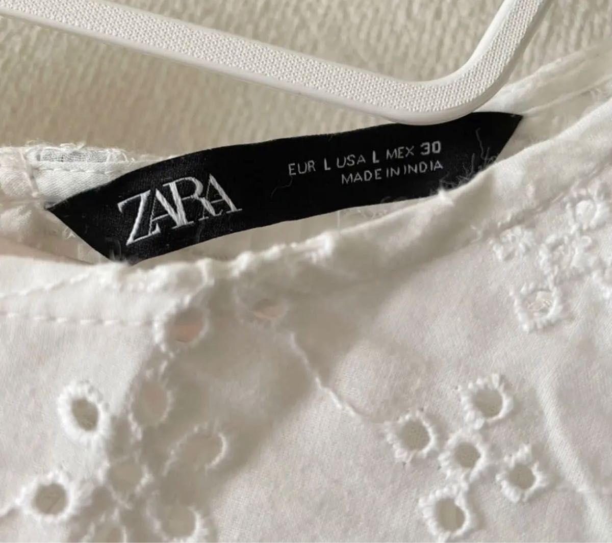 ザラ ZARA コントラスト カットワーク 刺繍 シャツ【L】クロップド ブラウス トップス ホワイト コットン レース 長袖