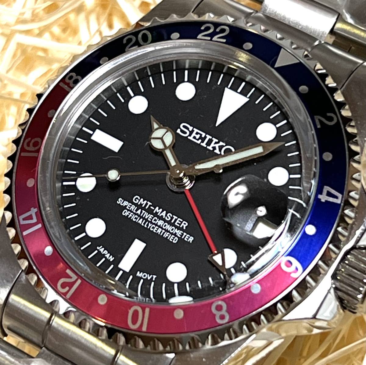 SEIKO MOD/ NH34搭載/ カスタム /自動巻 手巻き /seikomod / ヴィンテージGMT MASTER/オマージュ/BEFORE AGING/PEPUSIベゼル