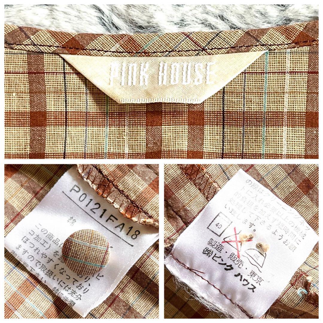 【PINK HOUSE】ピンクハウス ピコフリル リボン付き ロングワンピース ロングシャツワンピース チェック柄 Fサイズ ベージュ