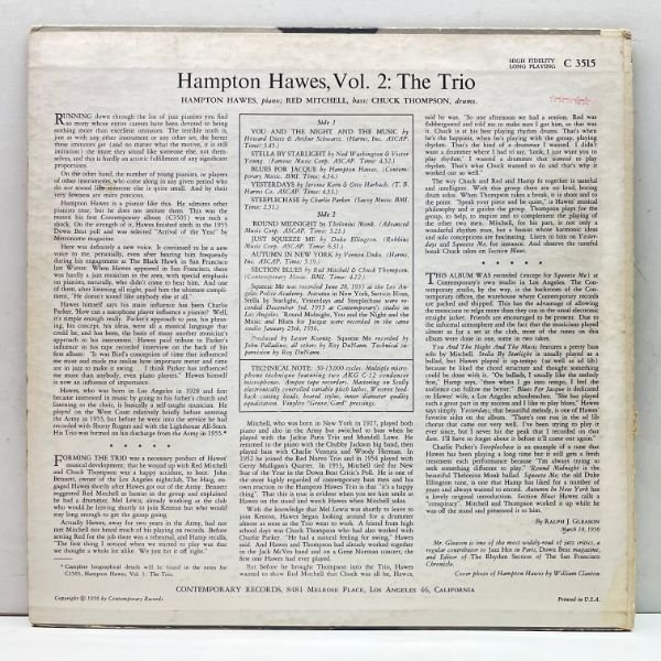 レアな良好盤!! USオリジナル MONO 深溝 This Is HAMPTON HAWES Vol. 2 : The Trio ('56 Contemporary) ハンプトン・ホーズ・トリオ 名盤_画像2
