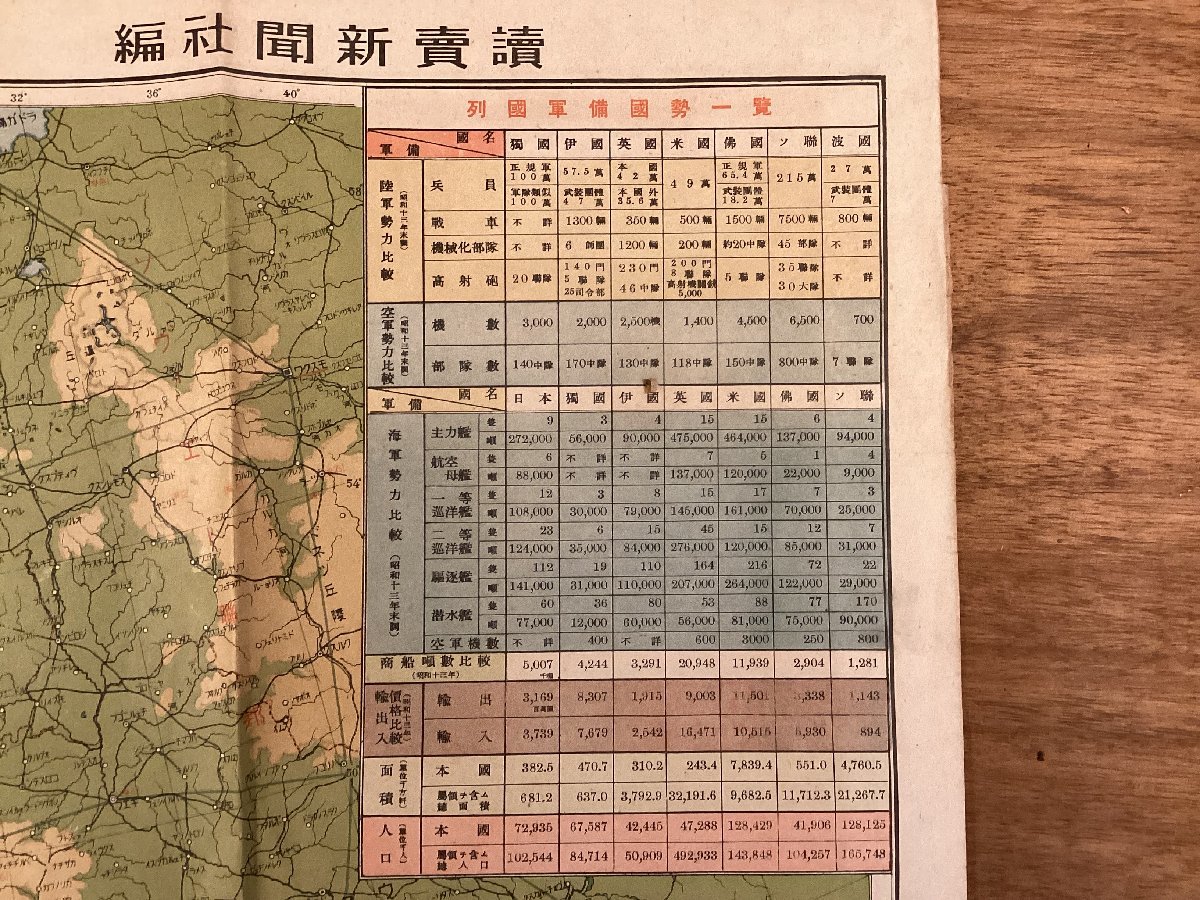 RR-3847■送料込■最新欧羅巴現勢図 ヨーロッパ 列国軍備国勢一覧 ドイツ イタリア イギリス 陸軍 海軍 空軍 地図 印刷物 昭和14年/くOKら_画像3