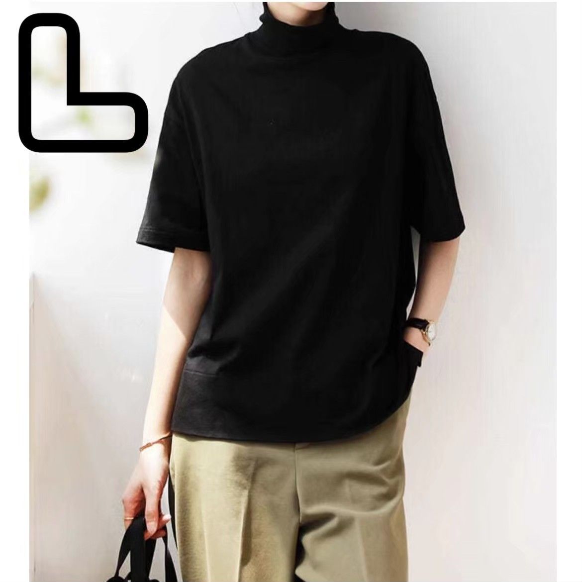 【miko様専用】ハイネック　tシャツ　半袖　カットソー　ブラック　ホワイト　Lサイズ　おまとめ2点　無地　韓国