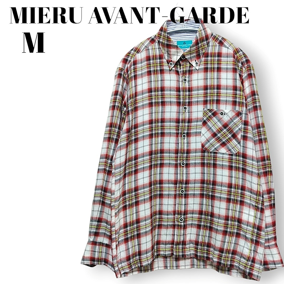 美品　日本製　MIERU AVANT-GARDE　オンブレチェック　長袖ボタンダウンシャツ　ガーゼ　赤　メンズM　ミエル アヴァンギャルド　230601-05_画像1