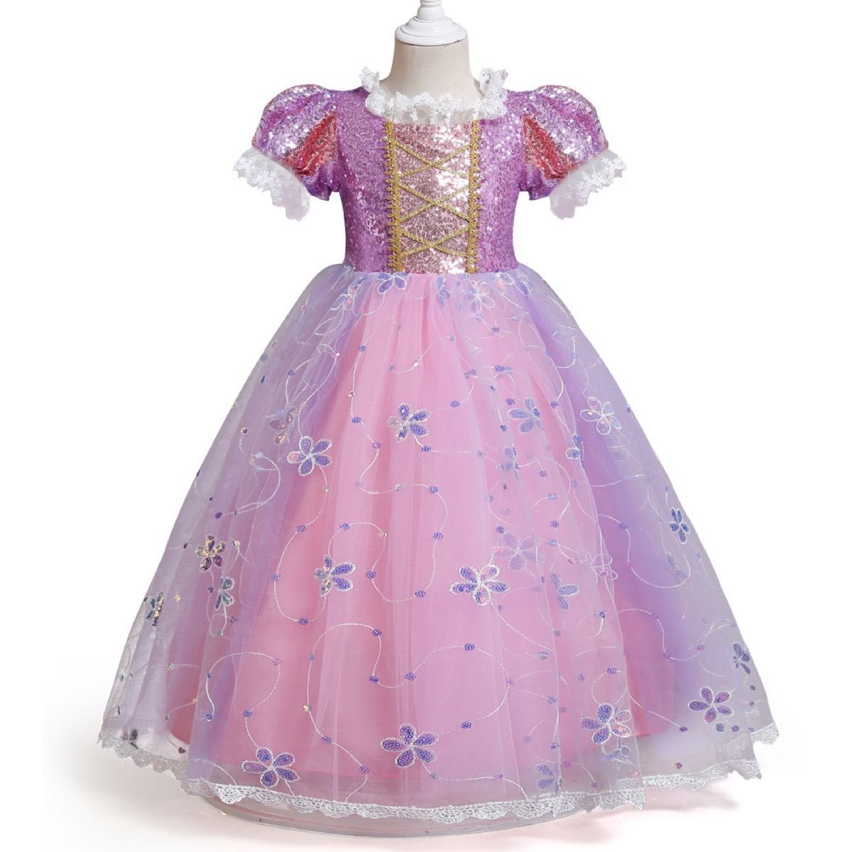 新品　プリンセス　キラキラ　ラプンツェル　女の子　半袖　ドレス　裏生地　綿素材　チクチクしません110cm 発表会 カラードレス 