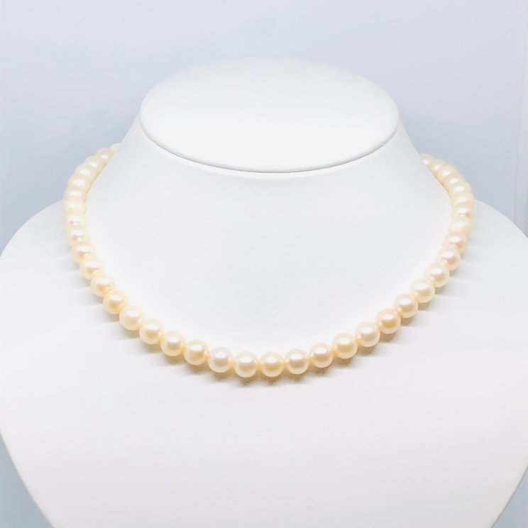 【77】 K18 真珠 ネックレス 7.3ｍｍ珠～ 色 不揃い 丁度いい 欲しいアイテム 気軽に着用 普段使いも 全長 41cm 32.6ｇ （1145）