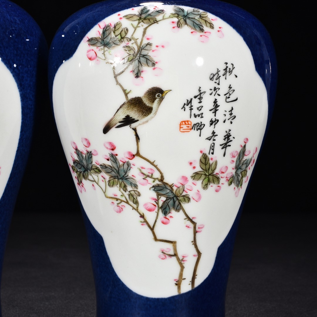 【多寶屋】BF220■中国古美術 清時代 洒藍釉浅絳彩花鳥紋梅瓶一対 珍品■高さ24.5ｃｍ直径14ｃｍ■_画像8