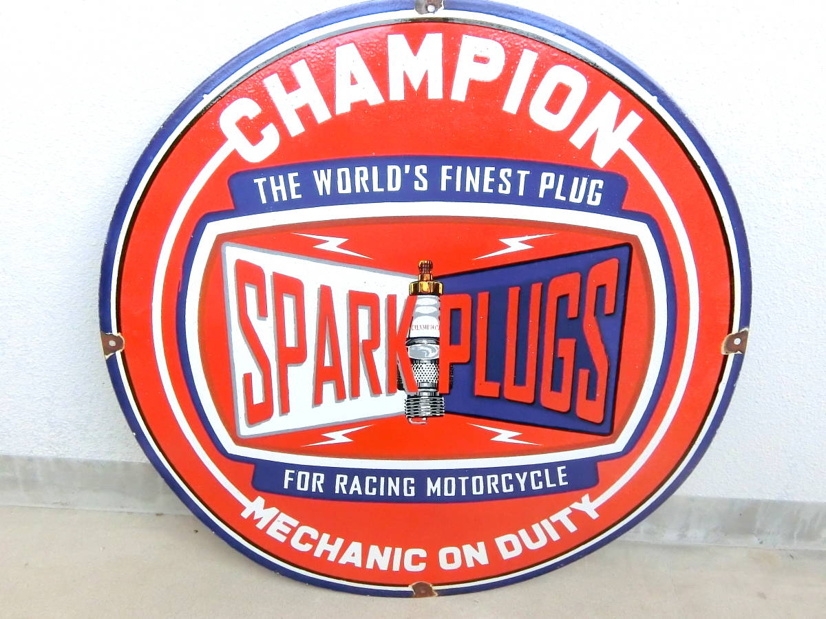 ★ビンテージ CHAMPION SPARK PLUGS チャンピオン プラグ 大型看板 直径約76cm★1970年代~ ホーロー 琺瑯看板 雑貨 アメリカ 販促品★