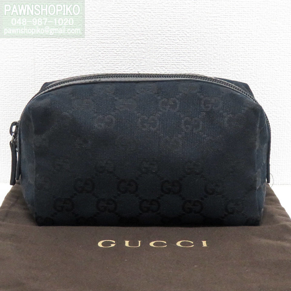 グッチ GUCCI GGキャンバス×レザー ミニポーチ／コスメポーチ 245952 ブラック 新品同様 [質イコー]_画像1