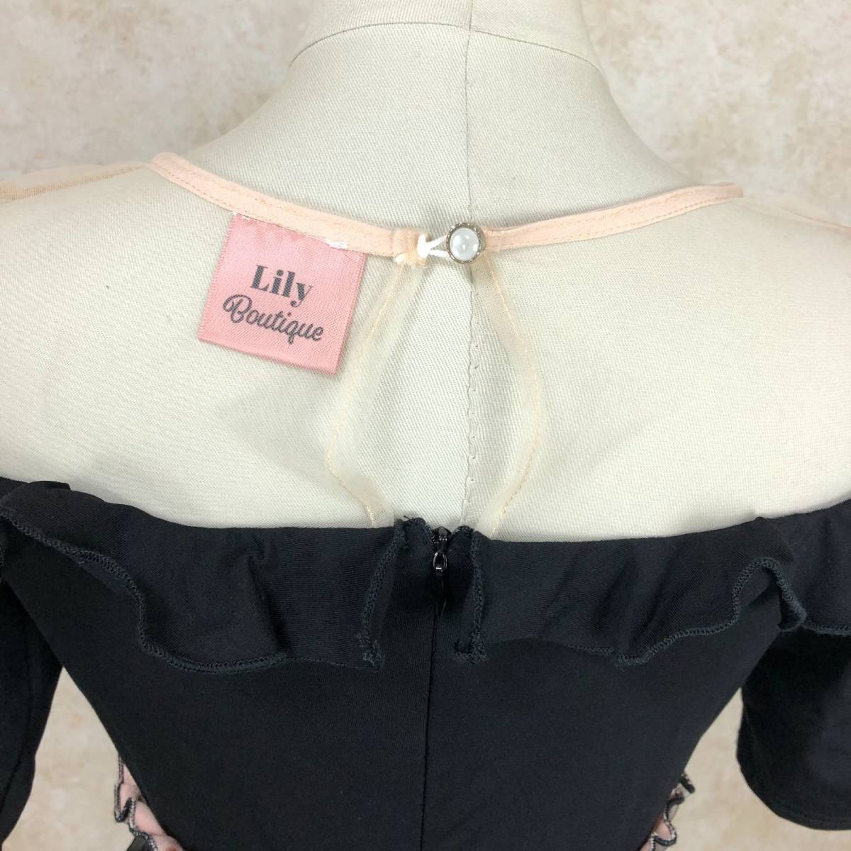 リリーブティック Lilt Boutique ドレス ピンクベージュ シースルー ミモレ丈 オーガンジー 黒 裏地有 ドット フリル オフショル風 B-434_画像5