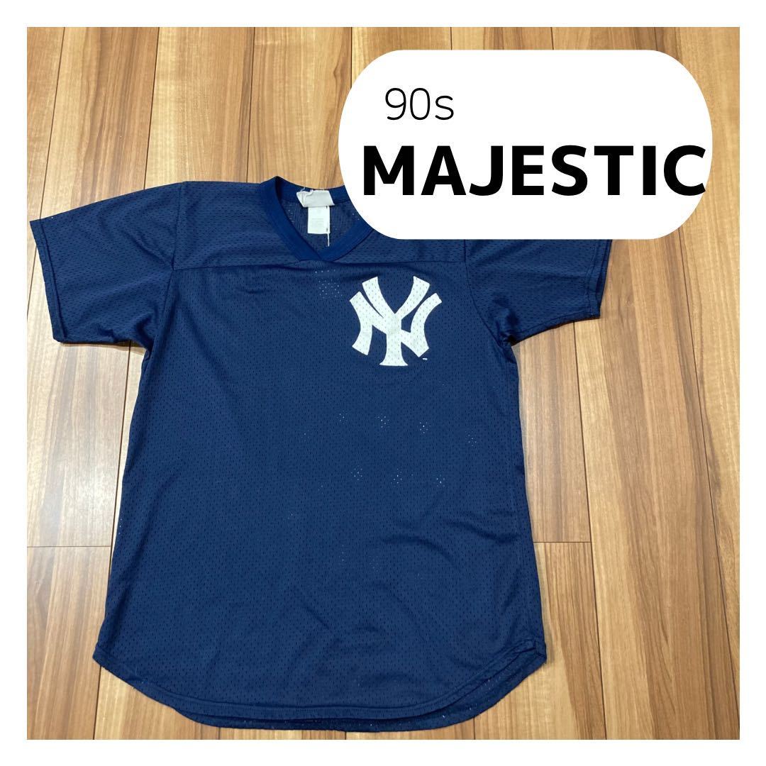 90s MAJESTIC マジェスティック USA製 MLB 野球 New York YANKEES ヤンキース メッシュ プリントロゴ サイズL 玉mc1830