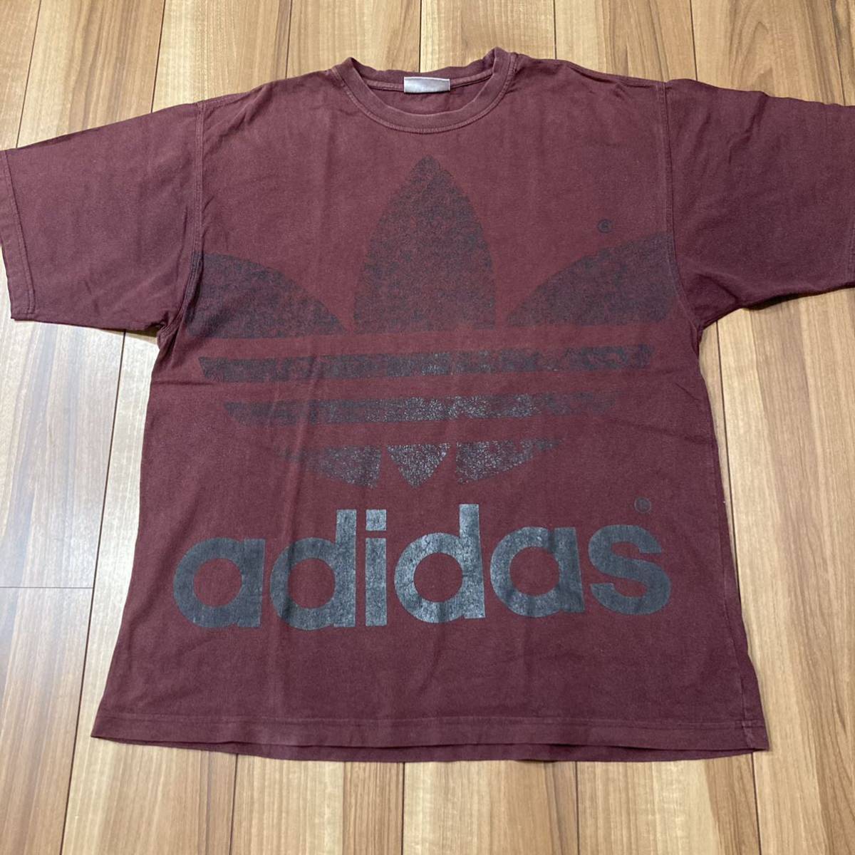 80s 希少 adidas トレフォイル 半袖 Tシャツ ビッグプリントロゴ ヴィンテージ パープル USA企画 サイズL 玉mc1864_画像2