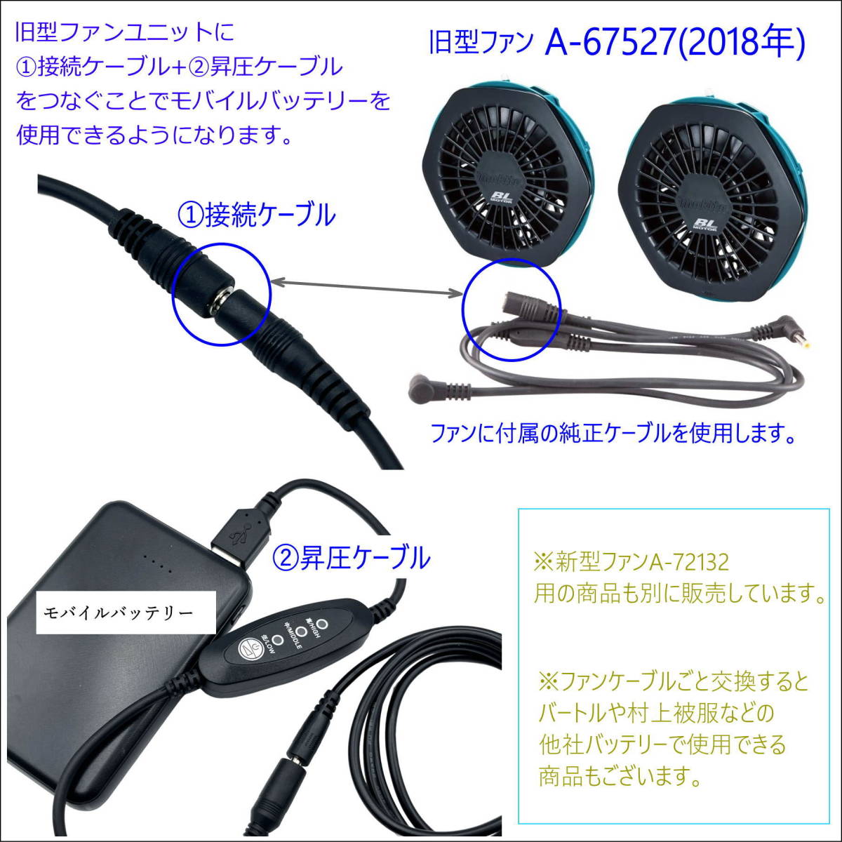 最大65％オフ！ マキタ空調服旧型ファンをモバイルバッテリから給電できる3段階昇圧ケーブルFMO