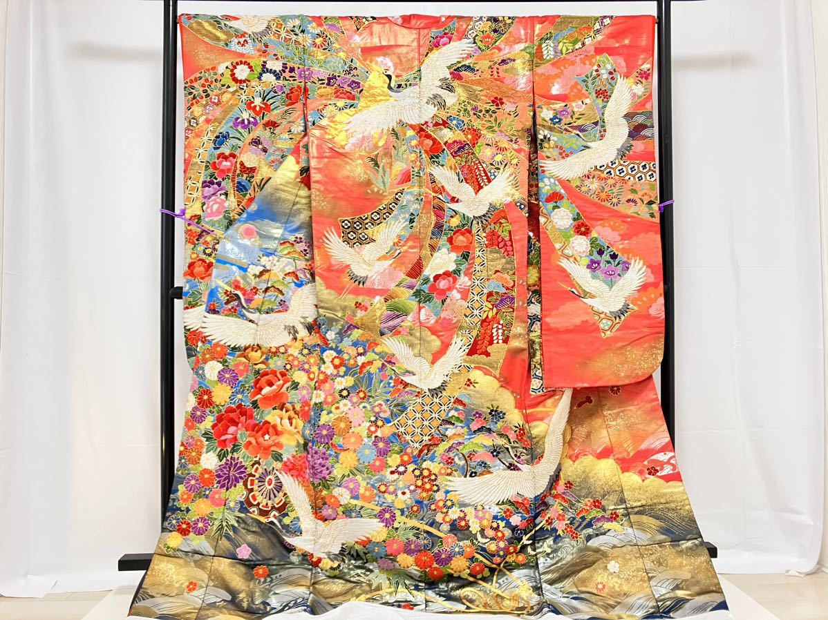雅】☆総相良刺繍極上の色打掛総刺繍駒刺繍束ね熨斗飛鶴吉祥花文本金箔