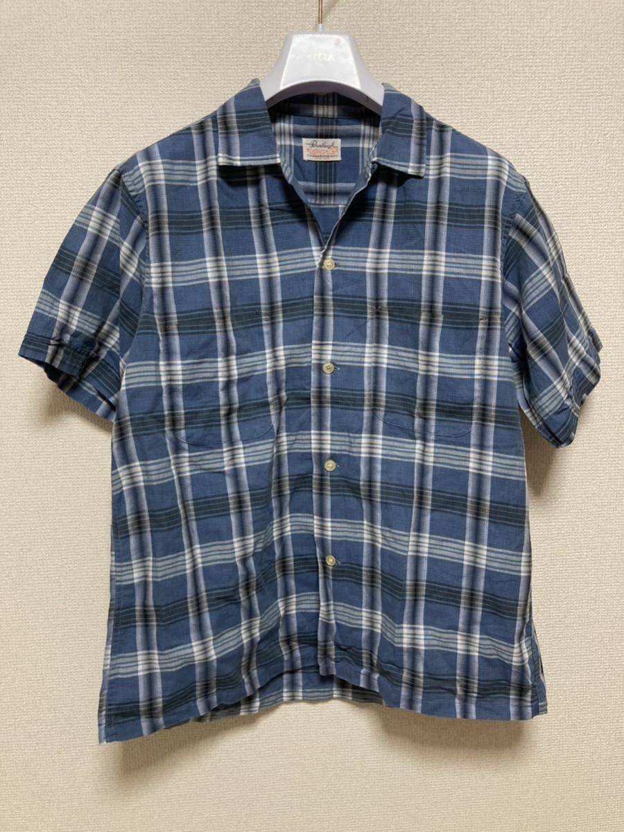 60's USAヴィンテージ pennleigh DAN RIVER オープンカラーシャツ 半袖シャツ チェック柄 M 15-15 1/2 青系 開襟