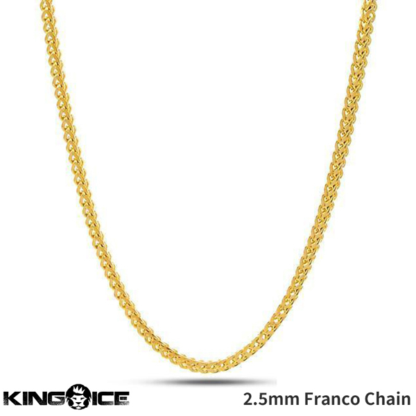 【チェーン幅2.5mm、長さ 24インチ】King Ice キングアイス フランコチェーン ネックレス ゴールド 14K Gold Stainless Steel Franco Chain