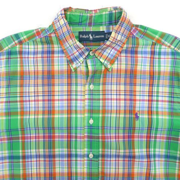 古着 ラルフローレン Ralph Lauren ボタンダウンシャツ 半袖 チェック柄 グリーンベース サイズ表記：XL　gd79634_画像3