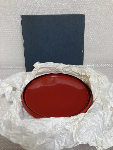 [ lacquer ware pastry pot + O-Bon 3 point set ] unused raw piece lacquer atelier pastry pot / small scratch have Aizu paint spring . work iron . circle O-Bon / scratch have length hand tray green tea tray wistaria 170