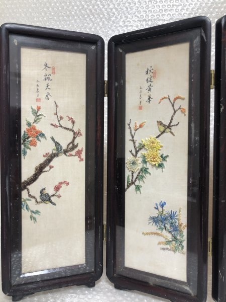 ★　中国　貝細工絵　春夏秋冬　花鳥絵図　ミニ屏風　衝立　額装　4枚組　高さ約38cm　■　己巳　開運　金運　吉日　■　由28_画像3