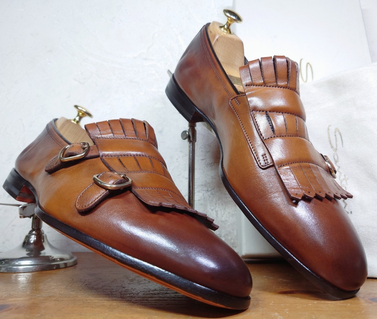 【試し履きのみ/未使用】ITALY製 Santoni/サントーニ ダブルモンク キルトローファー UK7 25.5cm相応 ブラウン 茶/magnanni ブランキーニ