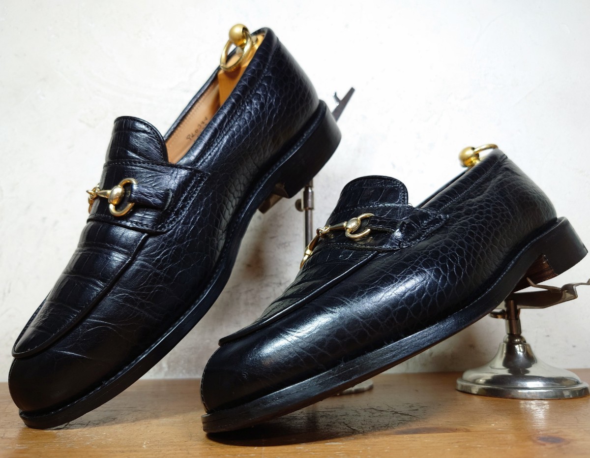 【美品】英国製 Tricker's/トリッカーズ M5777 クロコダイル型押 ビットローファー US7 Fit.5 25cm相応 ブラック 黒/クロケット cheaney