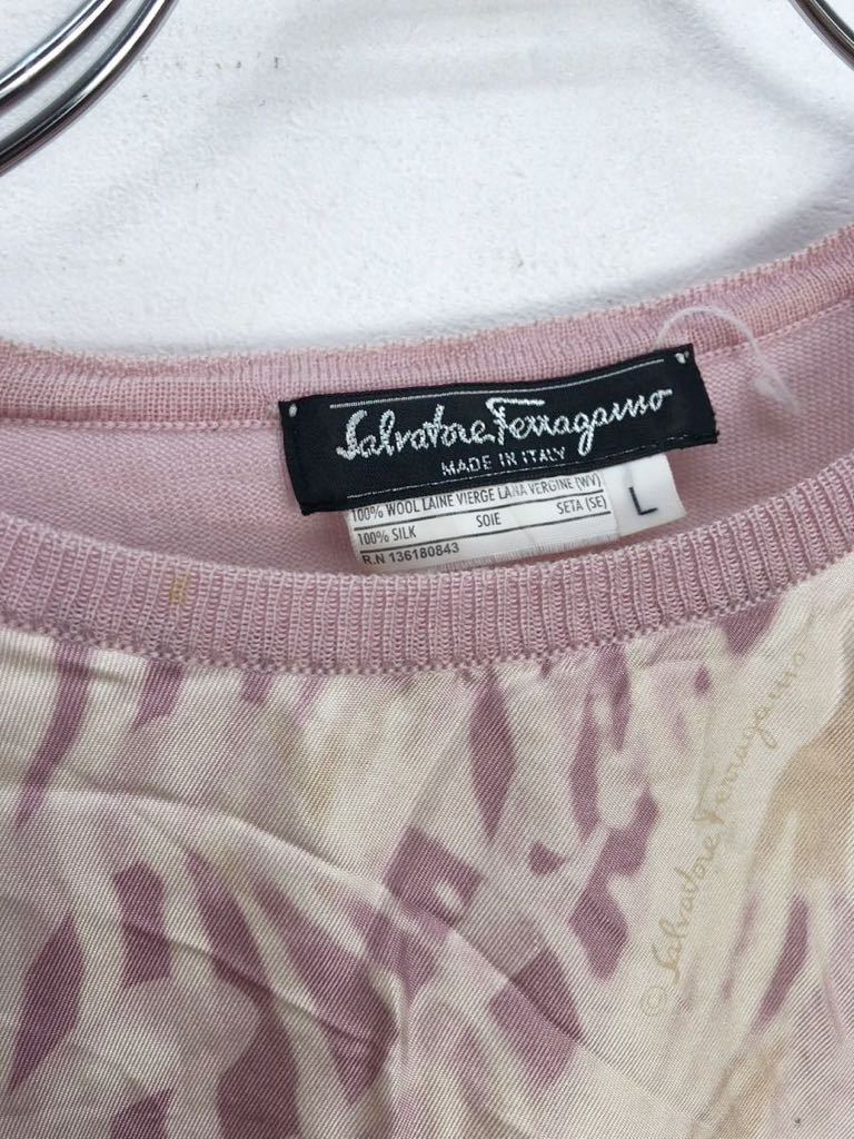 SALVATORE FERRAGAMO Salvatore Ferragamo lady's pink pattern silk switch short sleeves knitted T-shirt tops L inscription 