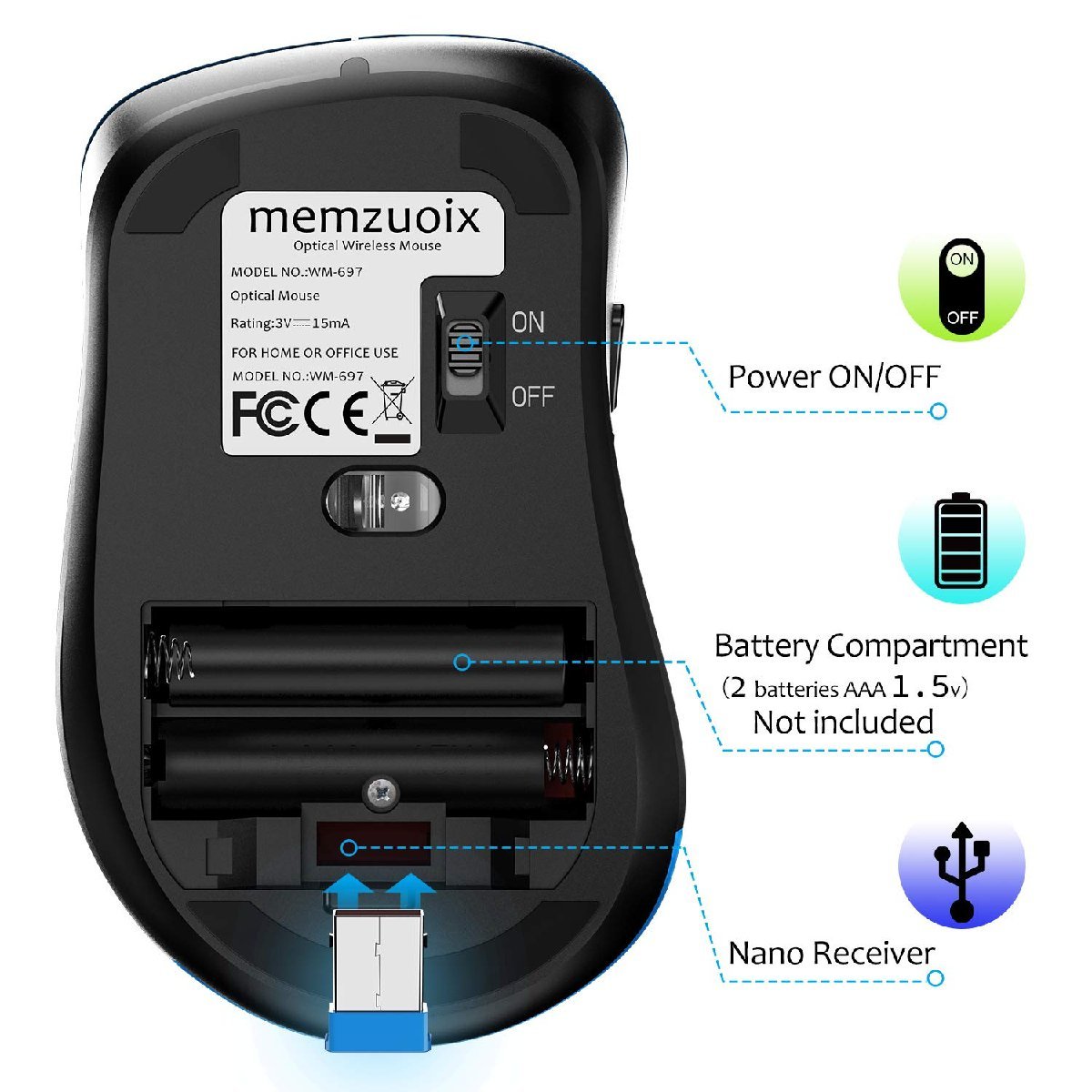 送料無料★memzuoix 2.4G ワイヤレス マウス 1200 DPI USB レシーバー付き 5ボタン (ブルー)_画像8