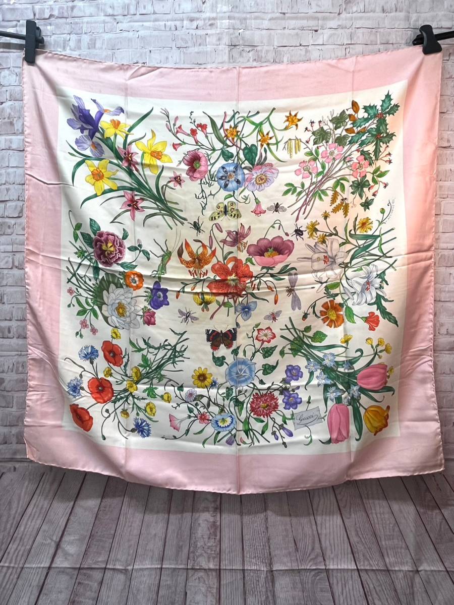 GUCCI グッチ 大判スカーフ ハンカチ バンダナ 花柄 ピンク系
