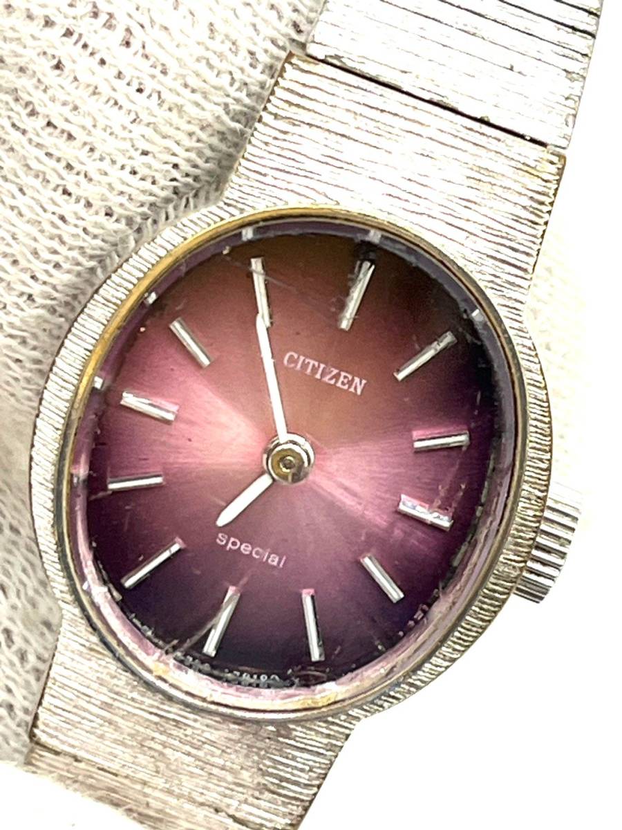 【稼働×】CITIZEN シチズン 4-676661 手巻き腕時計 レディース パープル文字盤の画像1